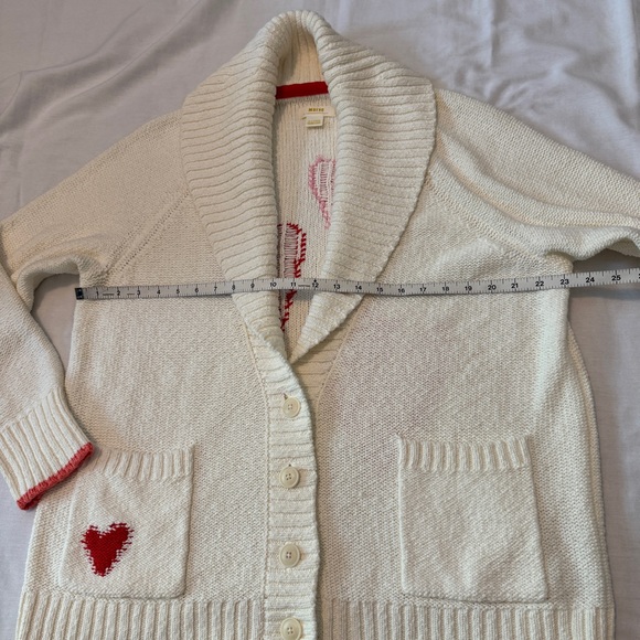Anthropologie Maeve Cream Cardigan with Pink and Red Hearts Valentines - Picture 6 of 9